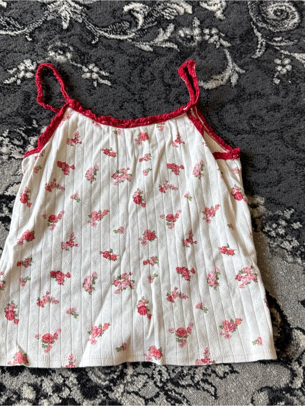 art class White Tank Top with Pink Floral Print and Red Trim Lace